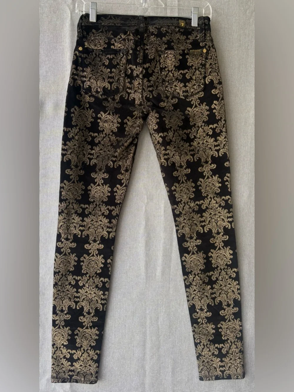 7 For All Mankind Black with Gold Damask Print Glam low rise Jeans